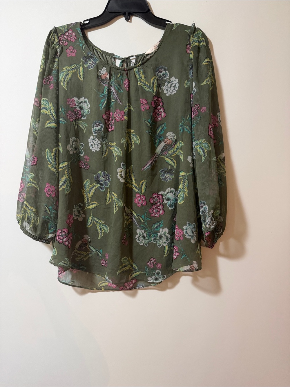 LC Lauren Conrad Olive Green Floral & Bird Tie-Neck Blouse